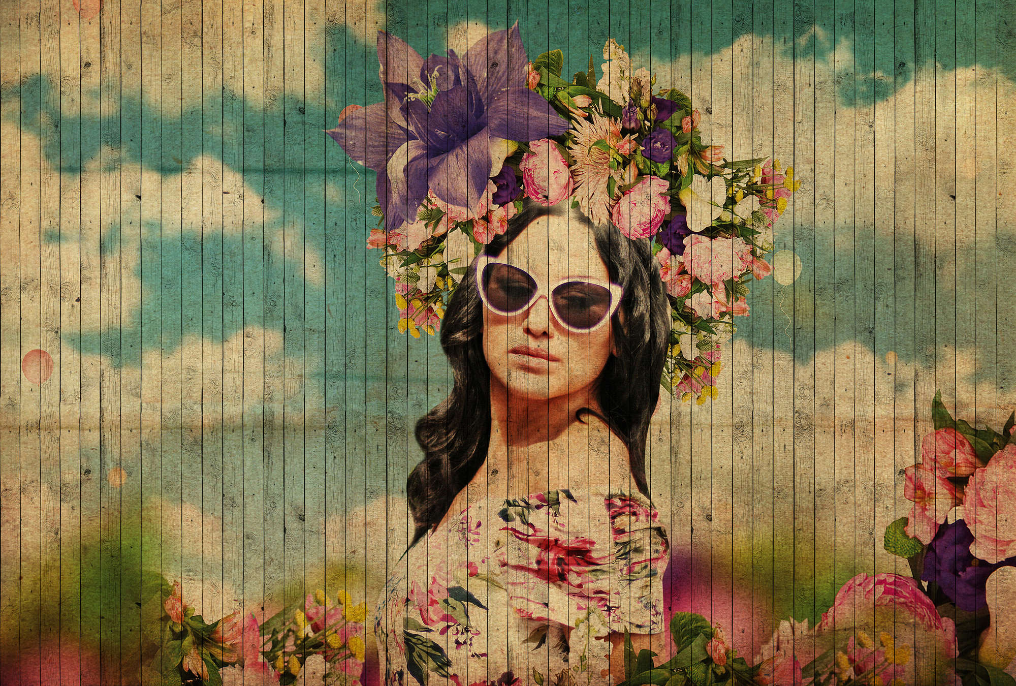             Havana 1 - Young woman in the flower meadow photo wallpaper with wood panel structure - Beige, Blue | Structure Non-woven
        