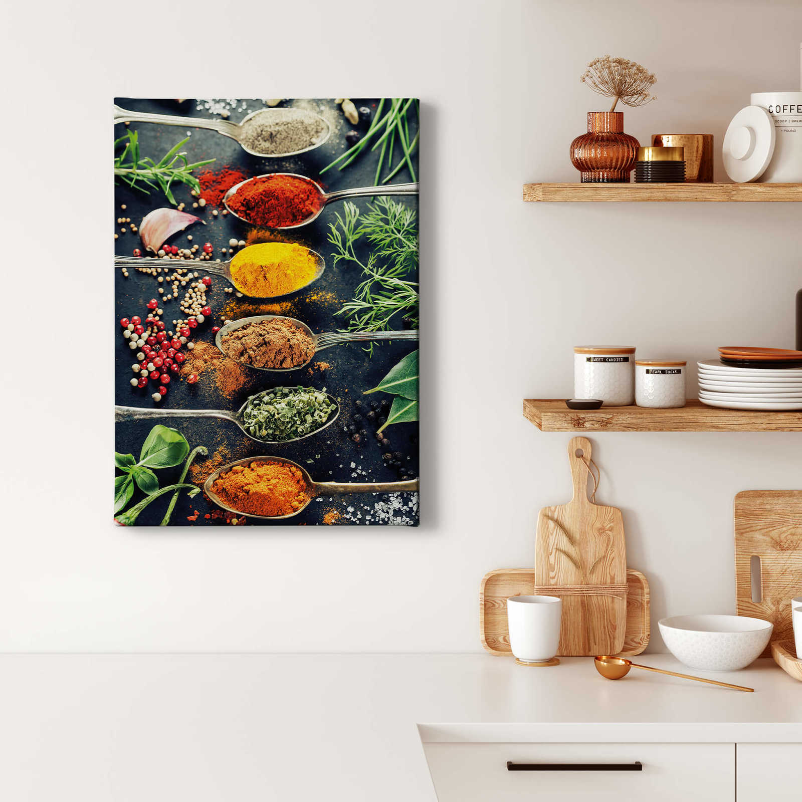             Kitchen canvas print spices on spoons – colourful
        