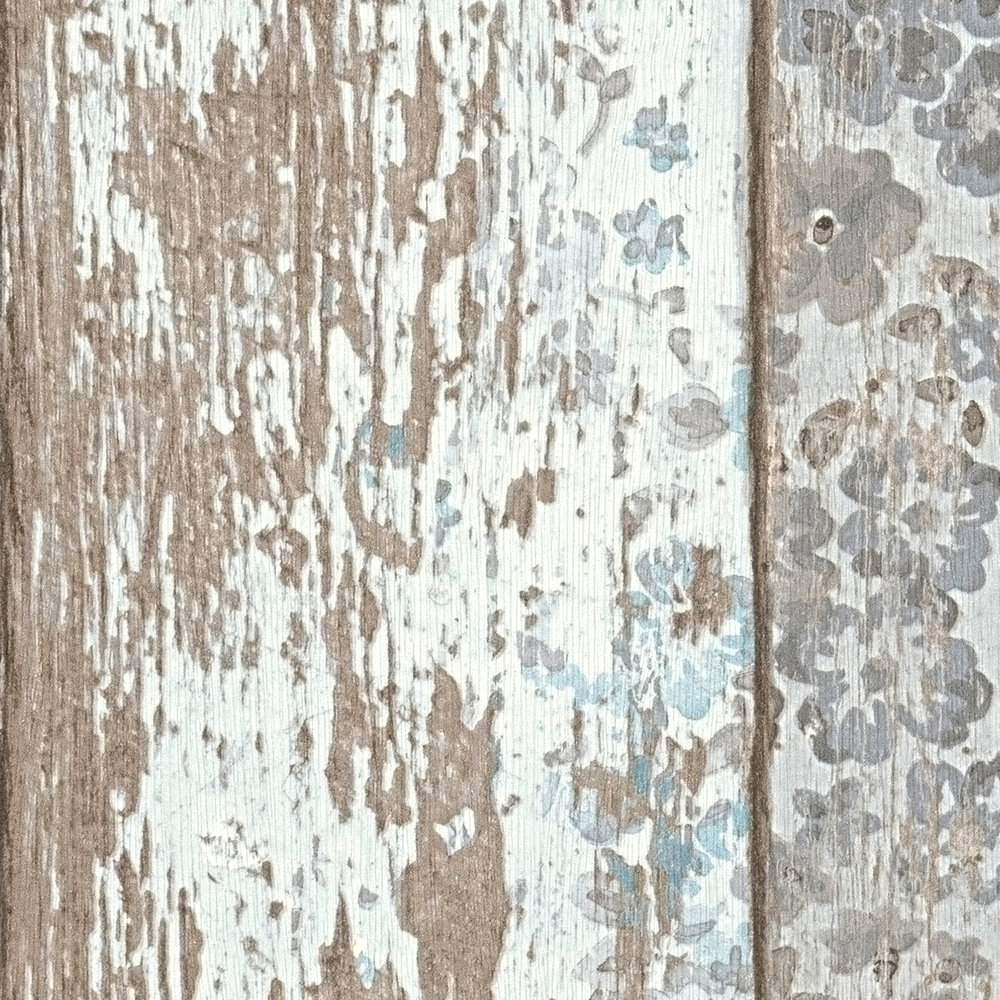             Papier peint rustique imitation planche avec imprimé floral vintage - bleu, marron, gris
        