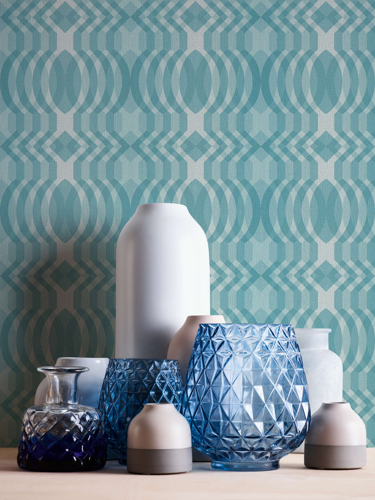             papier peint en papier rétro à motifs géométriques - bleu, crème, blanc
        