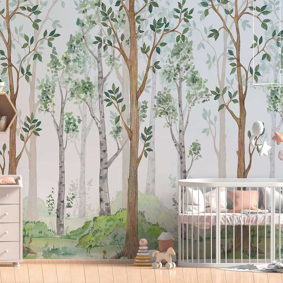 Papier peint avec forêt peinte pour chambre d'enfant - vert, marron, blanc
