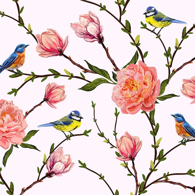 Fotomural Pájaros y Flores minimalista - Gris, Rosa, Verde
