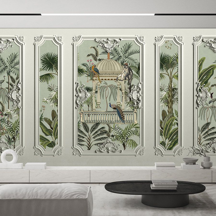 Photo wallpaper »darjeeling« - Stucco frame look with birds & palm trees with linen texture in the background - Smooth, slightly pearlescent non-woven fabric
