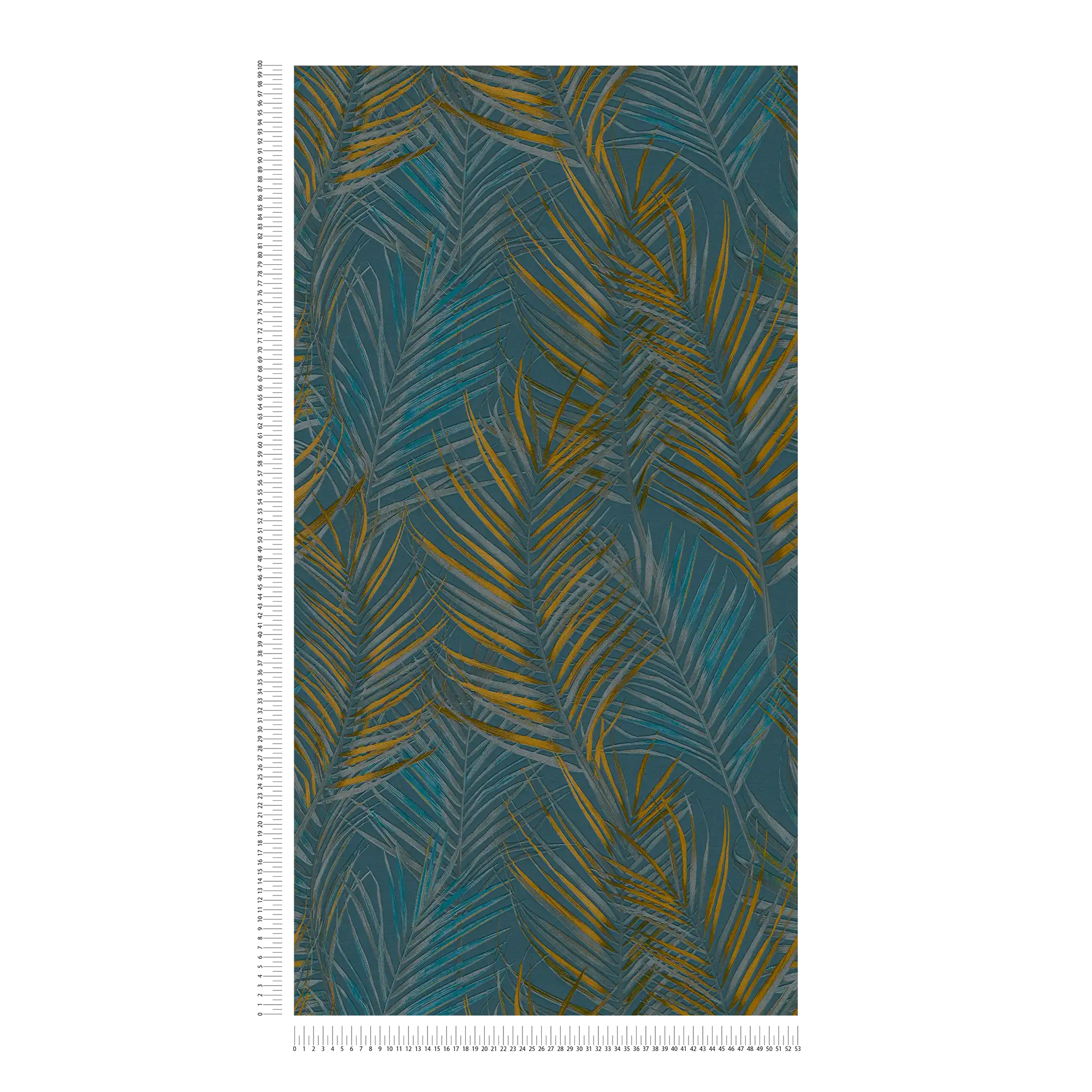             Papel pintado con motivo de la selva con hojas de palmera - azul, amarillo, petróleo
        