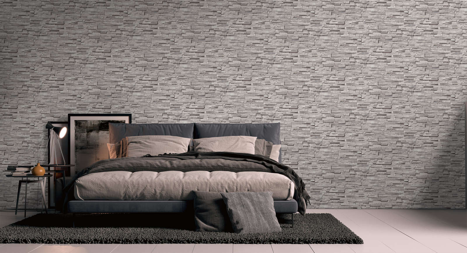             Stone-look non-woven wallpaper with glossy pattern - light grey, beige, silver
        