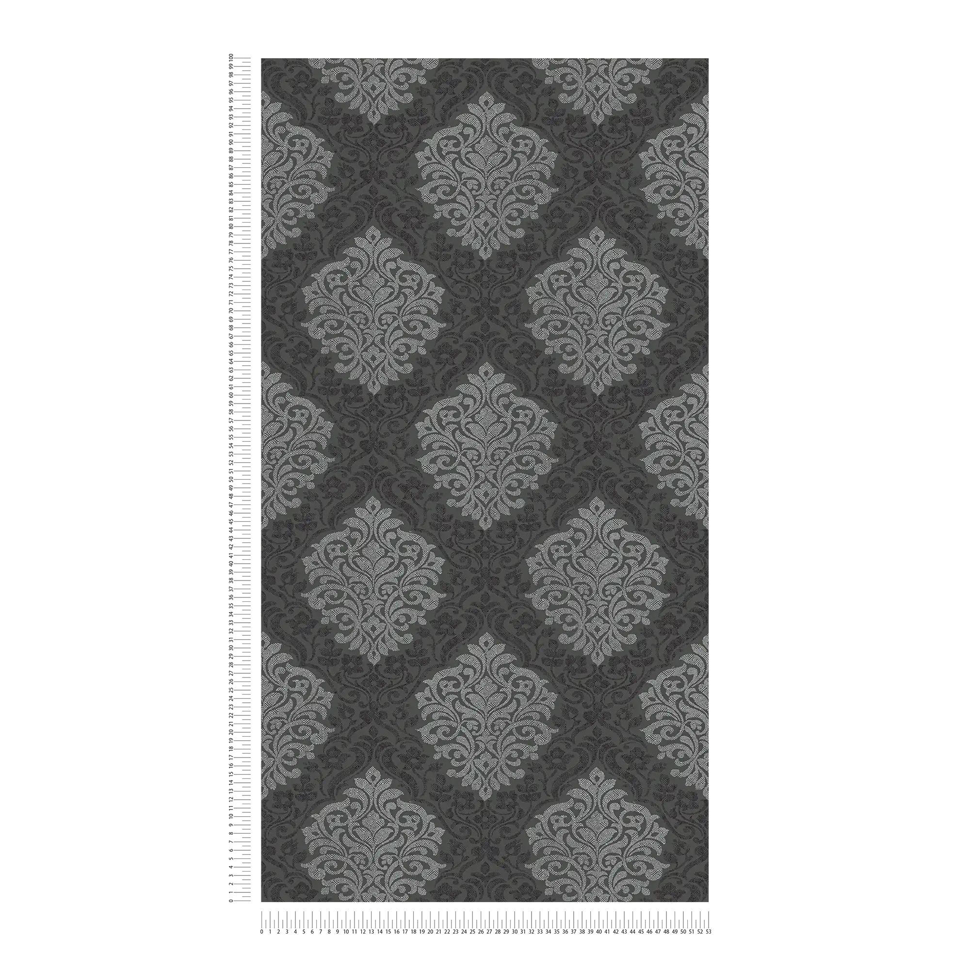             Papier peint floral ornemental motif losange style ethnique - argent, noir, gris
        