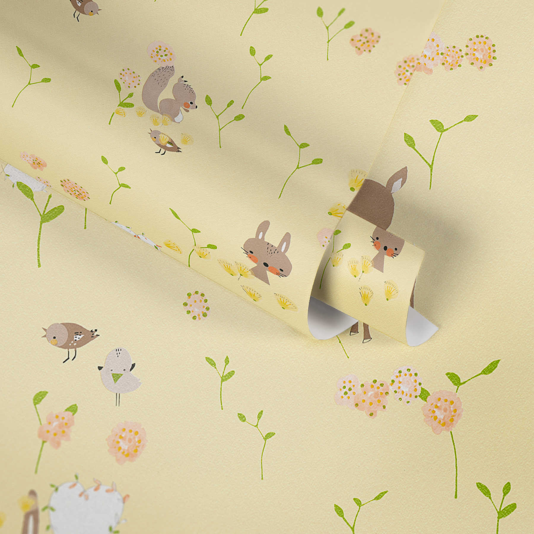             Papel pintado con animales del bosque para la habitación del bebé y de los niños - Amarillo, Verde
        