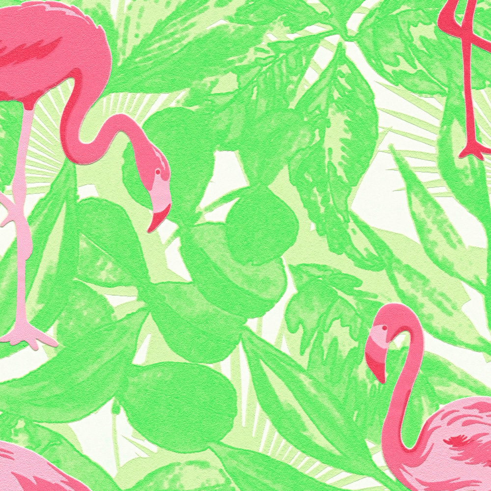             Tropical wallpaper with flamingo & leaves - pink, green
        