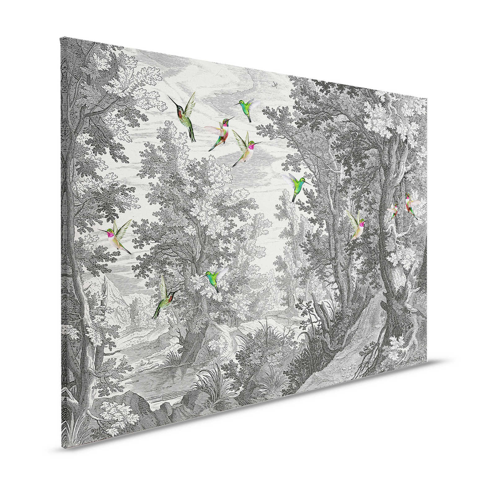 Fancy Forest 1 - Stampa su tela del paesaggio con uccelli - 1,20 m x 0,80 m
