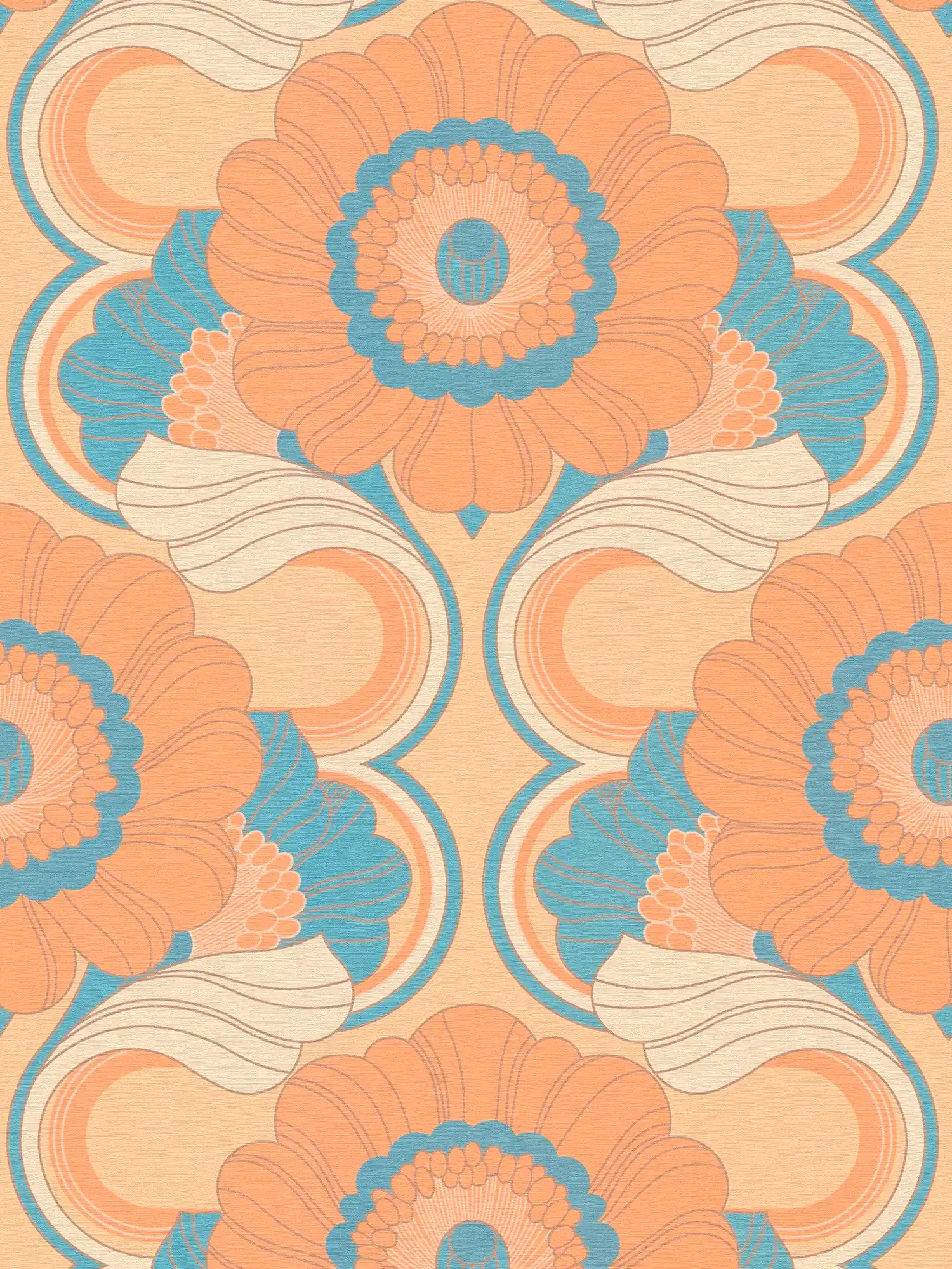 Floral non-woven wallpaper in retro style - beige, turquoise, orange
