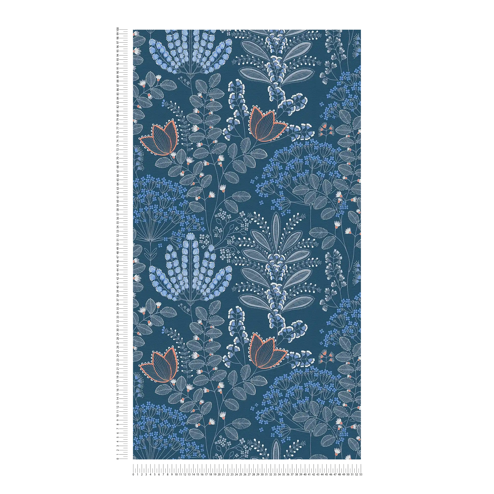             papier peint en papier intissé floral avec feuilles dans le style rétro légèrement structuré, mat - bleu, blanc, gris
        