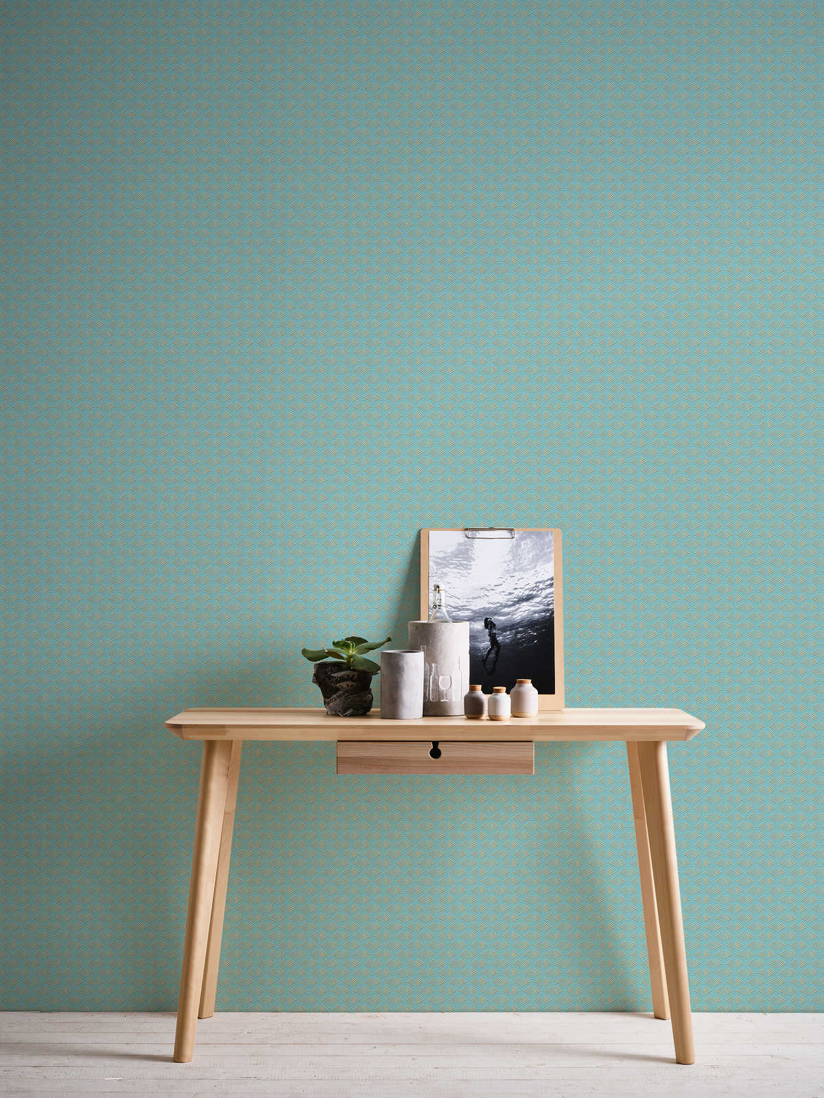             Non-woven wallpaper turquoise & gold design, elegant metallic gloss effect
        