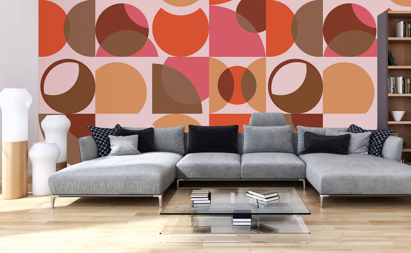             Retro mural orange with geometric design - brown, pink, orange
        