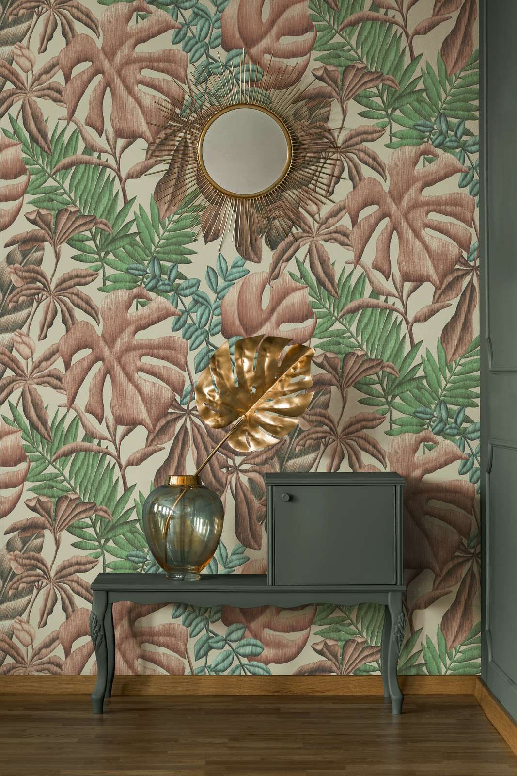             Leaf pattern non-woven wallpaper with banana leaves & fern - pink, green, cream
        