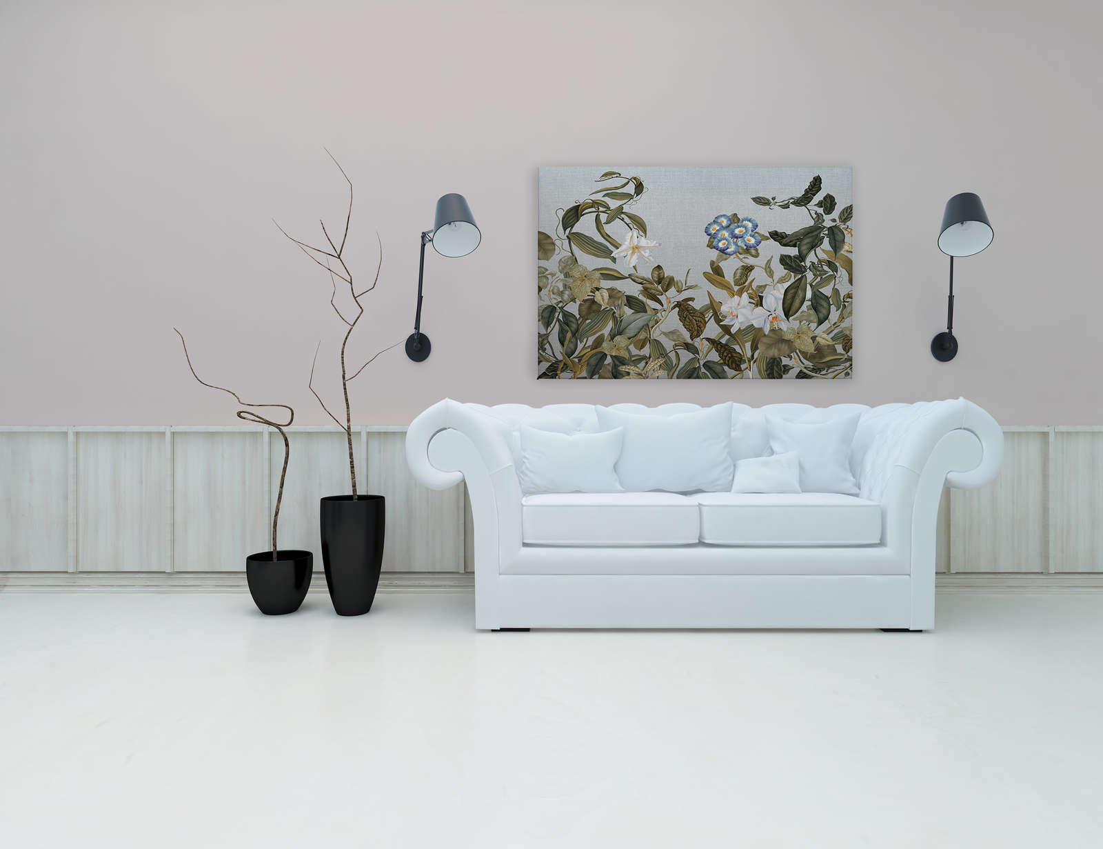             Tableau toile style botanique fleurs, feuilles & look textile - 1,20 m x 0,80 m
        
