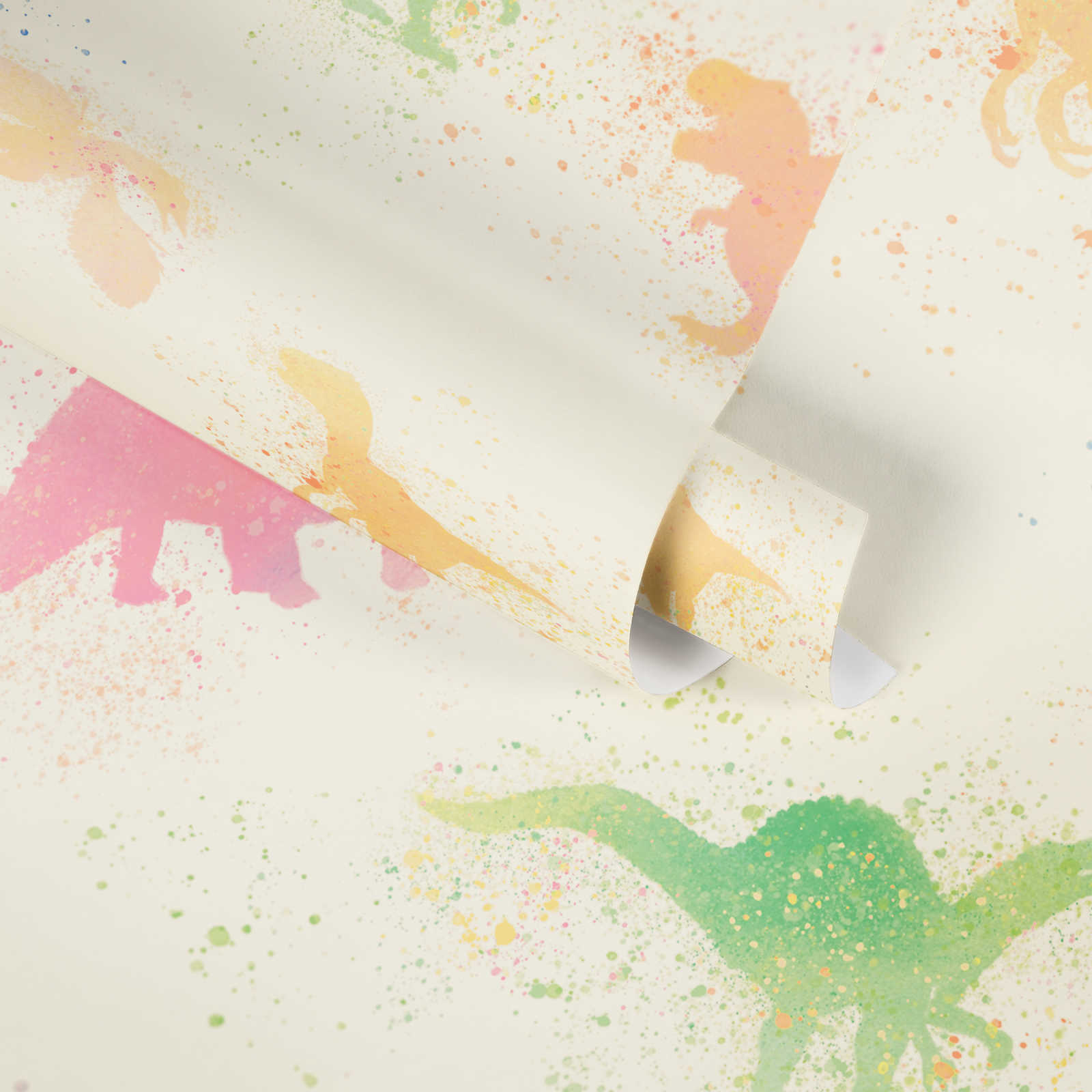             Dino papier peint aquarelle chambre d'enfant - multicolore, beige, rose
        
