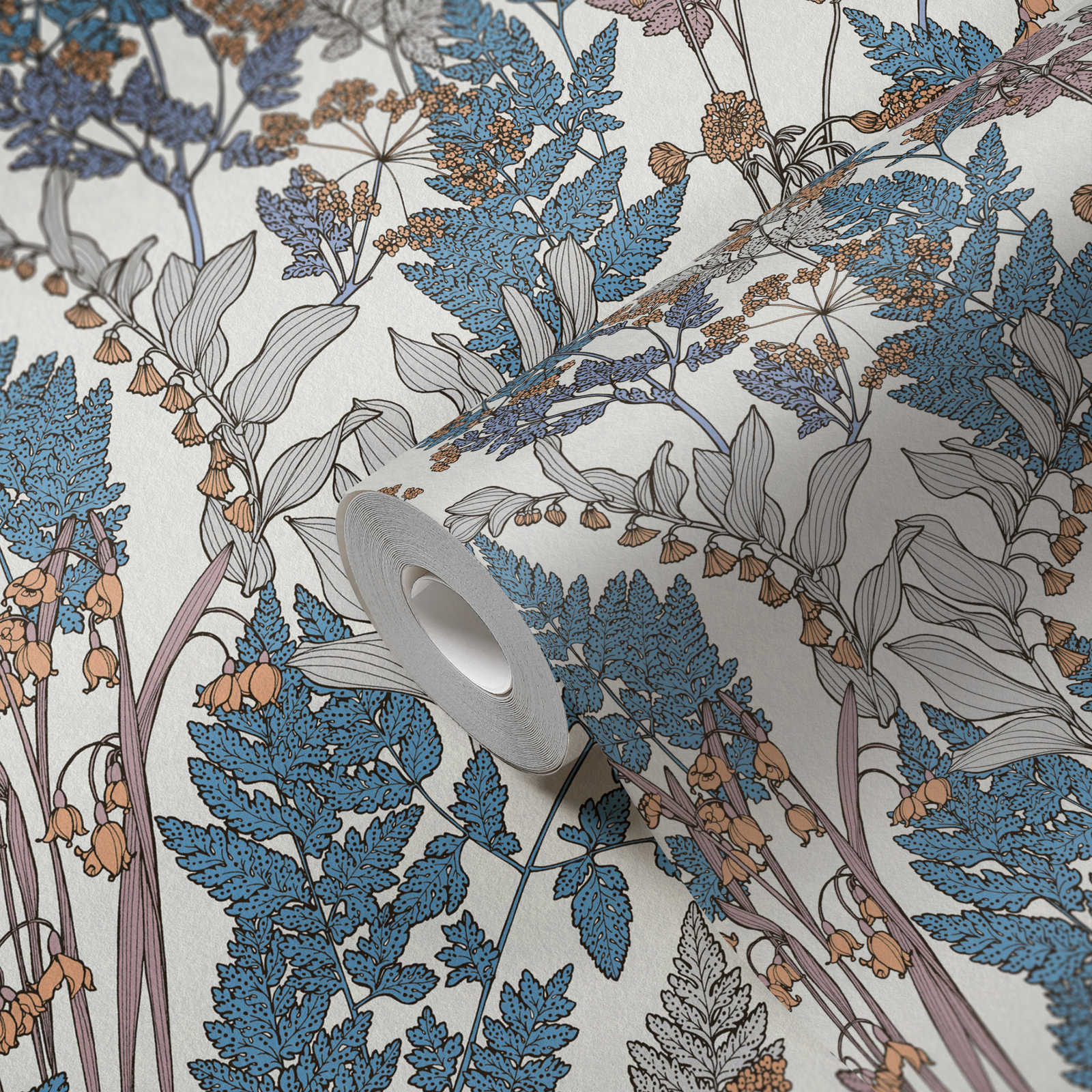             Papel pintado Naturaleza hojas y flores en estilo rústico moderno - azul, crema, beige
        