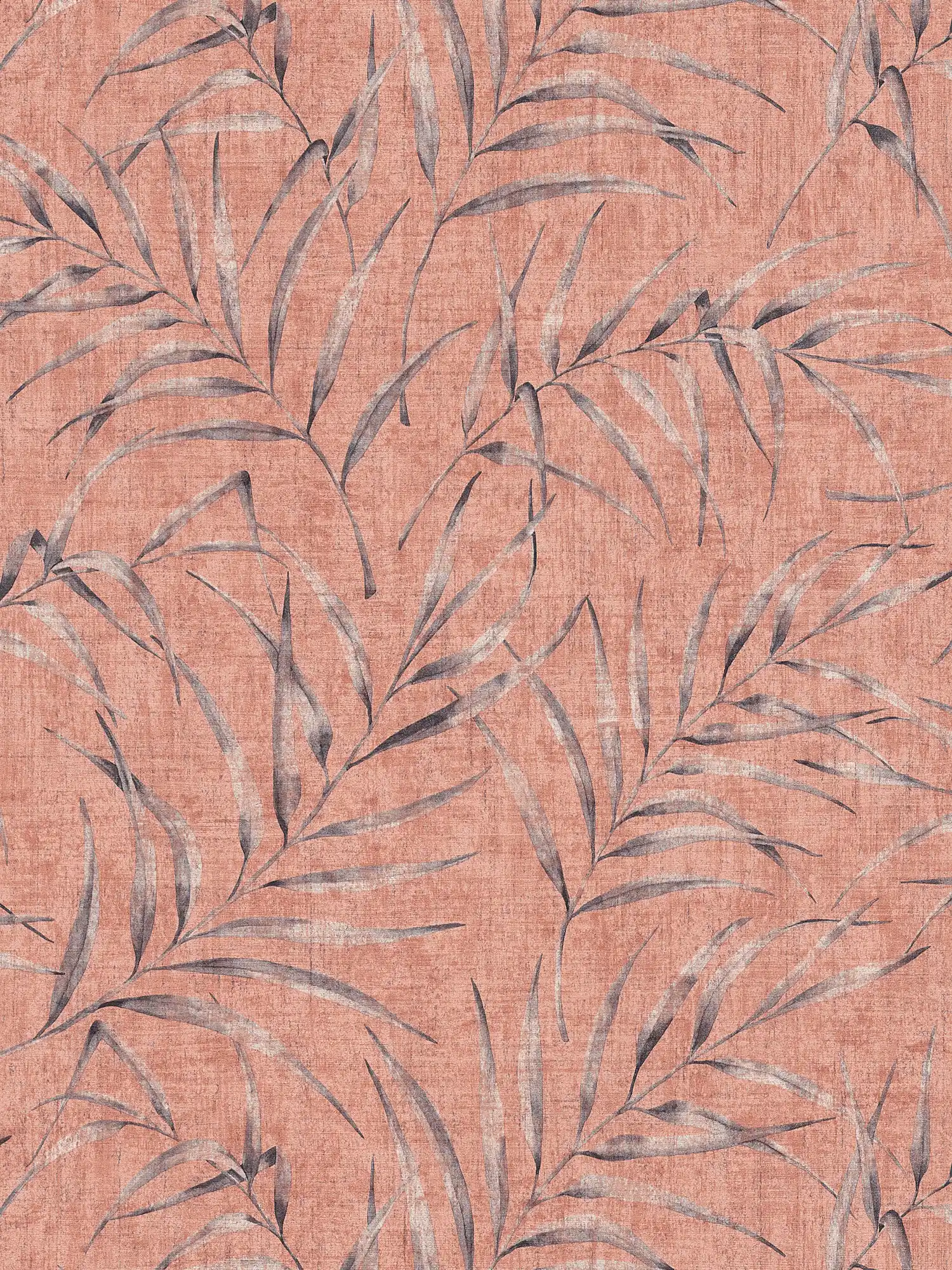 Wallpaper leaf pattern & linen look - pink, orange, red
