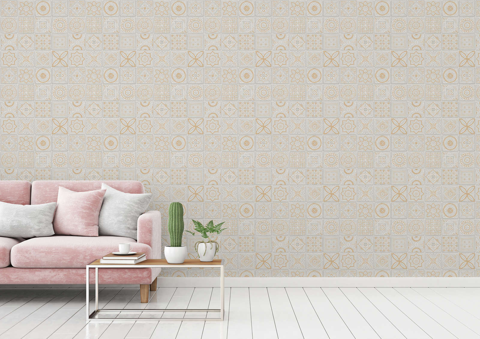             Tile look non-woven wallpaper with floral mosaics - gold, grey, white
        