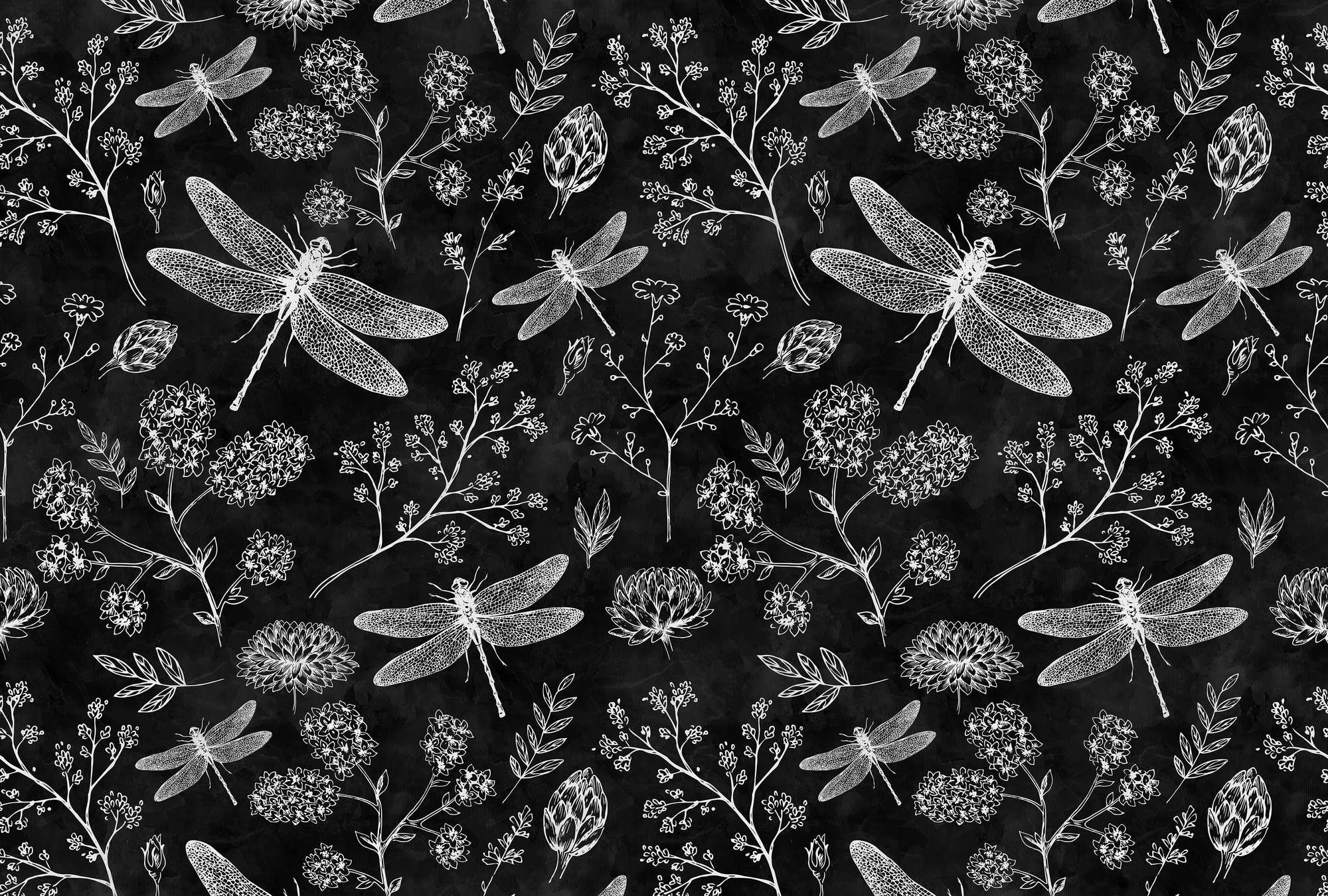             Papier peint panoramique noir et blanc libellules & fleurs
        