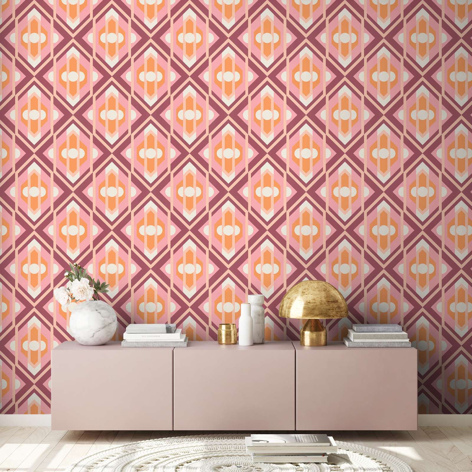             Non-woven wallpaper with geometric ornaments in retro style - orange, pink, white
        