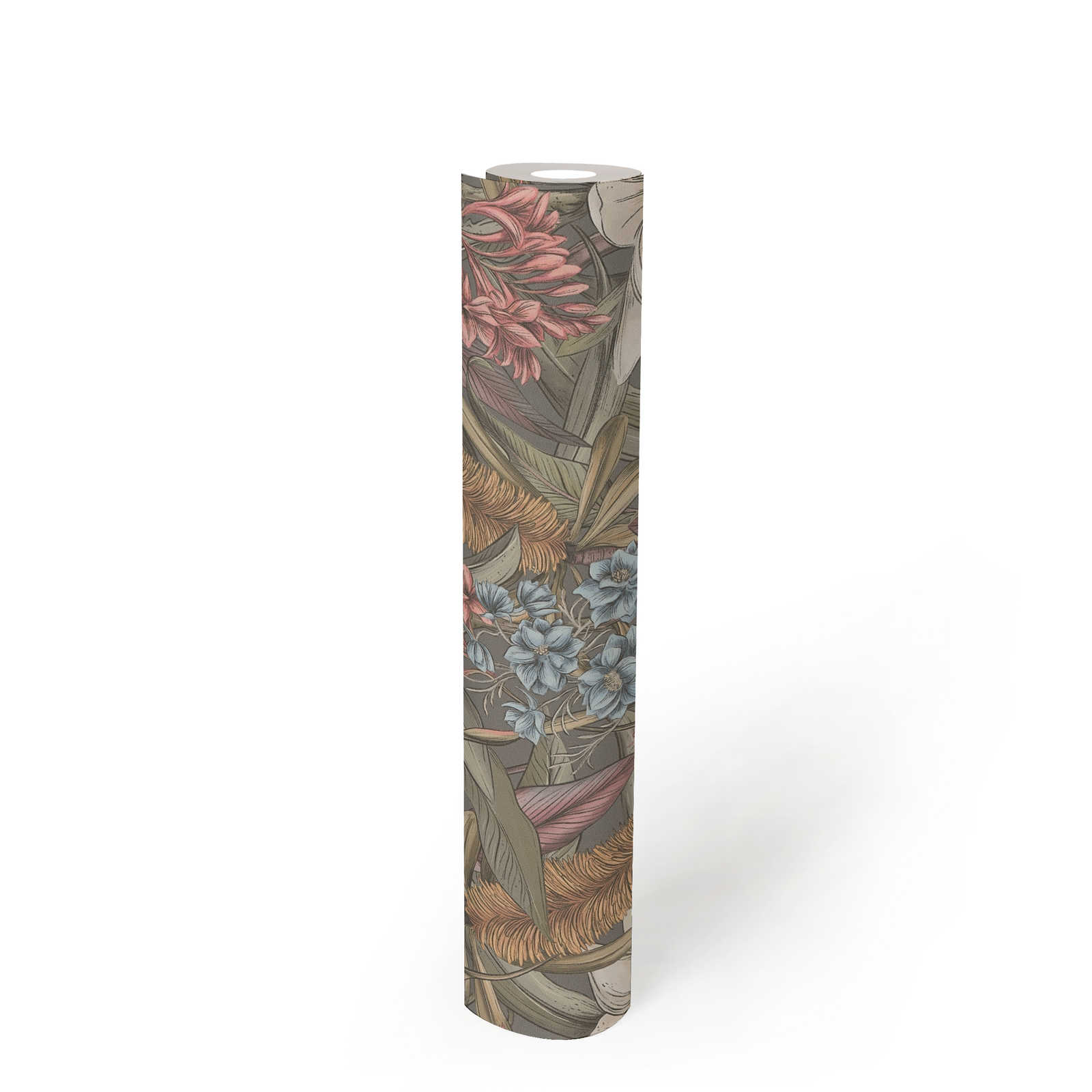             Jungle wallpaper floral with leaves & flowers textured matt - grey, pink, green
        