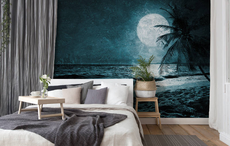             Strand Behang met Palmbomen & Zee bij Nacht - Blauw, Wit, Zwart
        