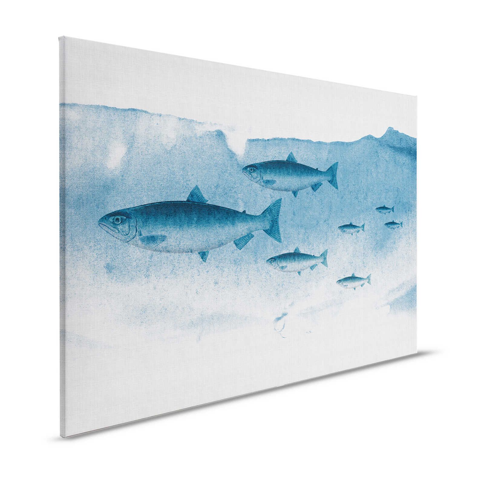 Into the blue 1 - Fish watercolour in blue as a canvas picture in natural linen look - 1.20 m x 0.80 m
