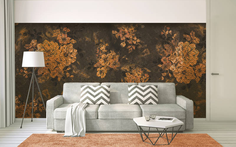             Dark photo wallpaper floral design in XXL format - orange, grey, black
        
