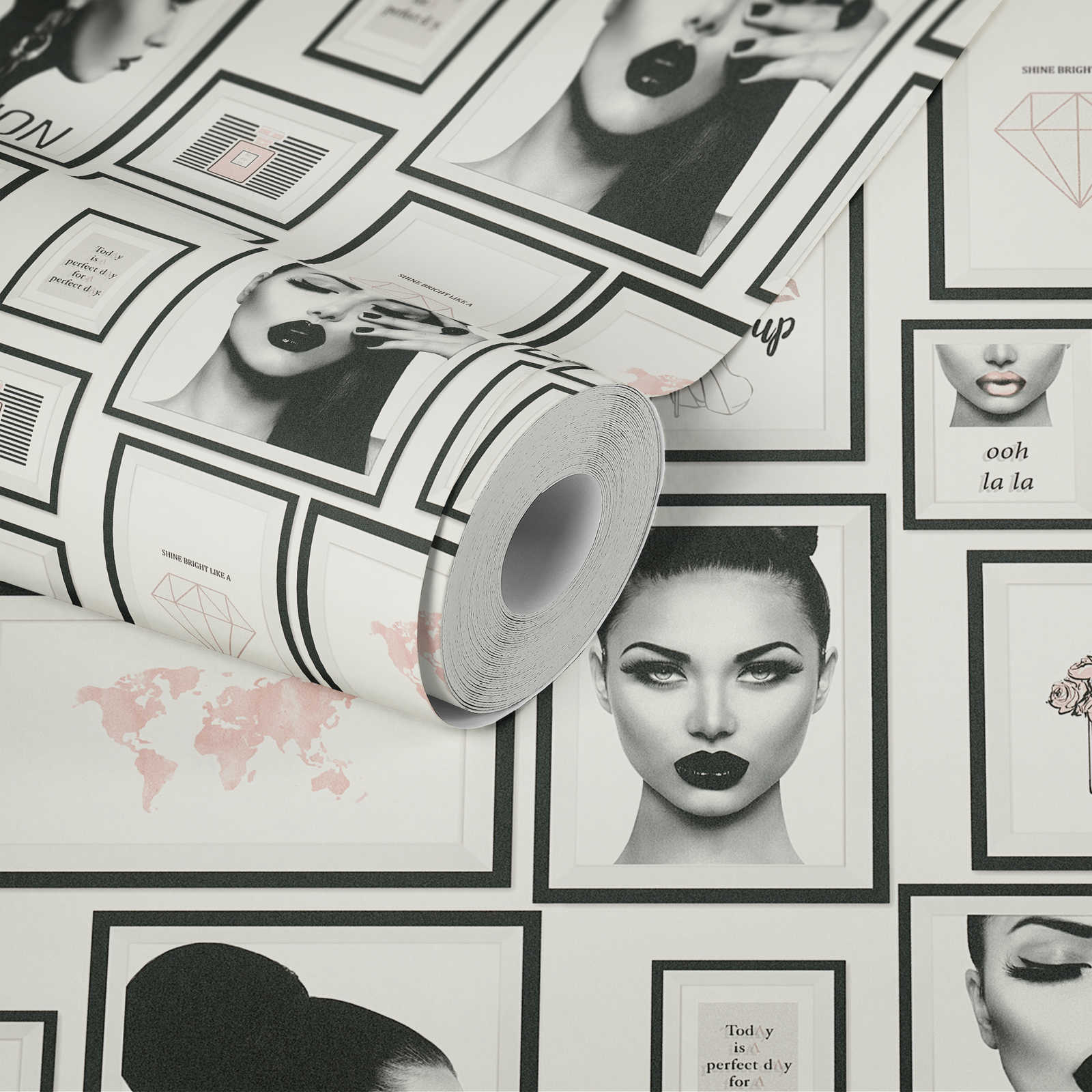             Papier peint Fashion Design avec décorations murales - noir, blanc, gris, rose
        