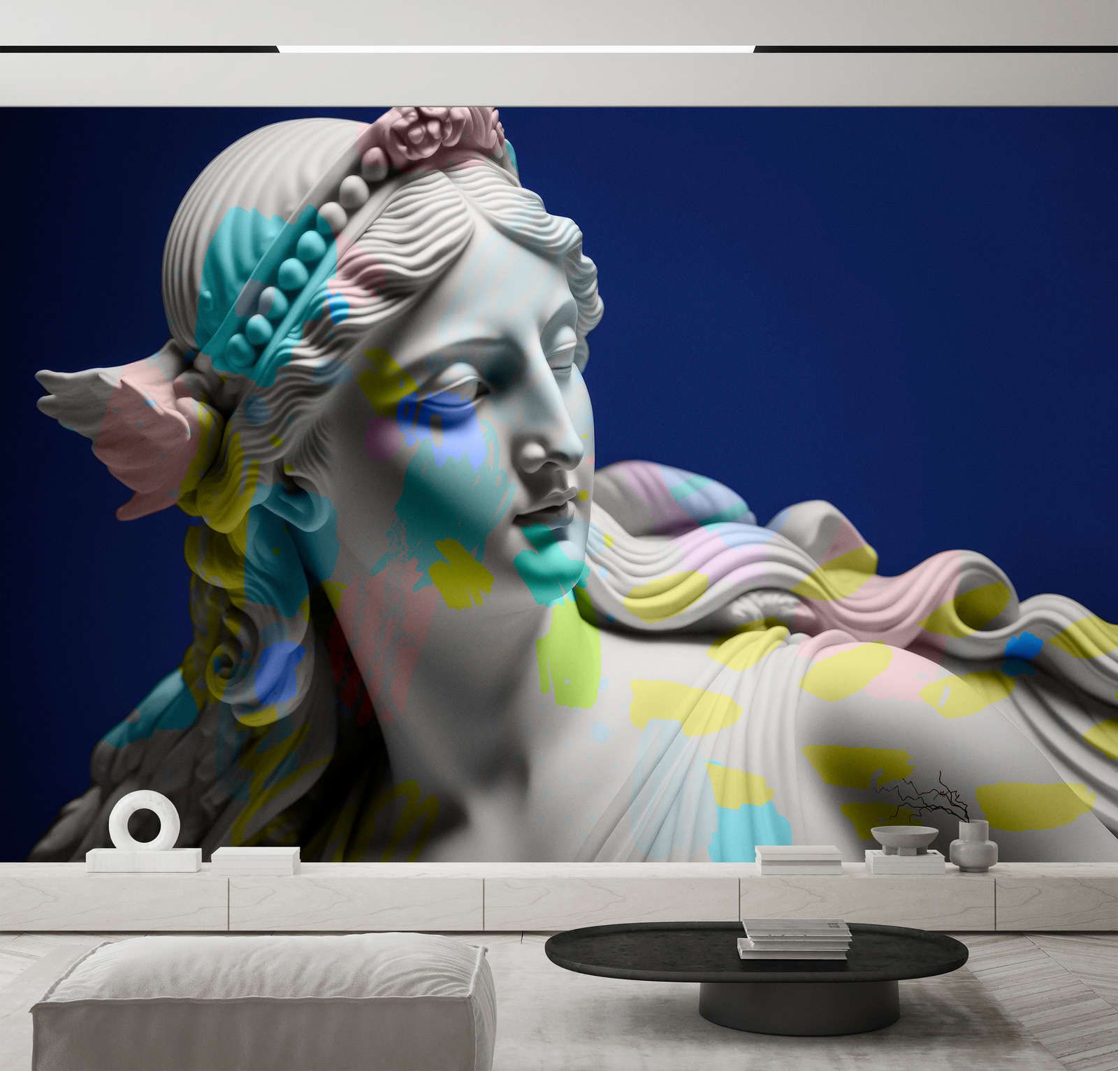             Photo wallpaper »anthea« - female sculpture with colourful accents - Smooth, slightly pearly shimmering non-woven fabric
        