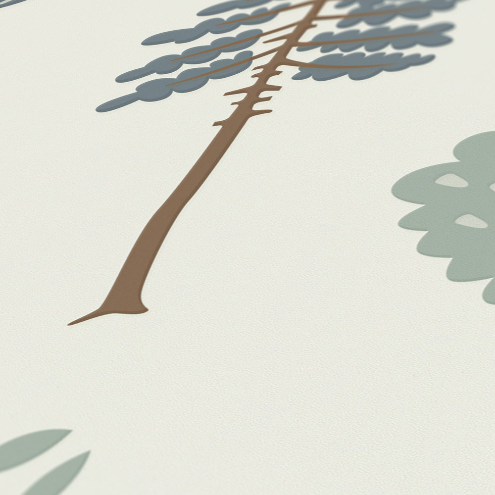             Papel pintado no tejido con motivo de bosque minimalista con árboles - crema, verde, marrón
        