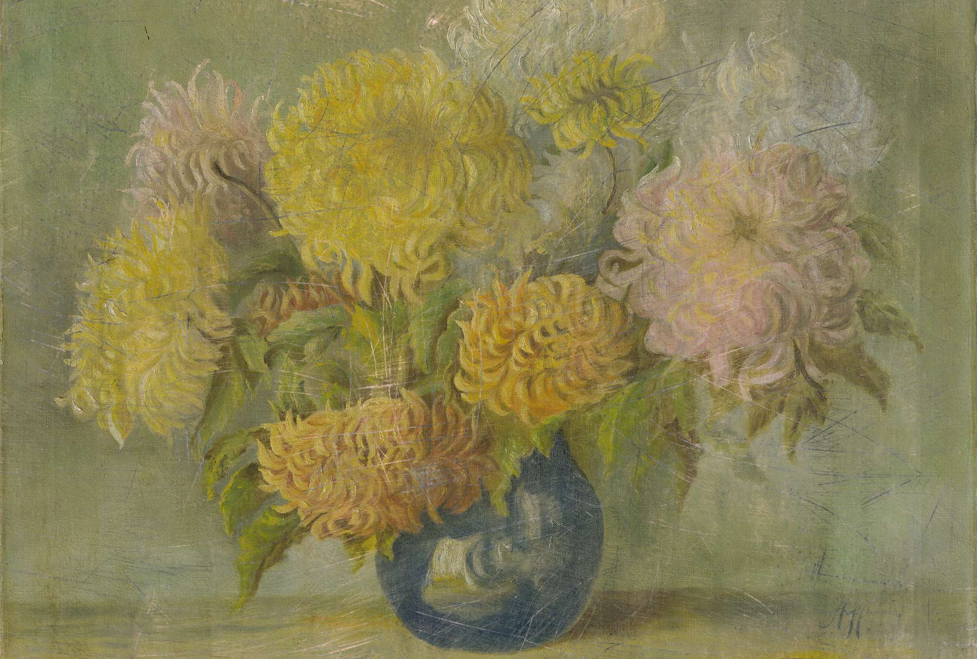             Photo wallpaper oil painting with blue vase and dahlias
        