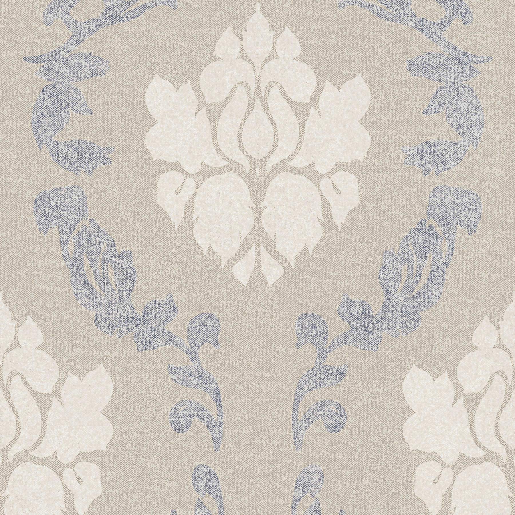 Papel pintado ornamental con aspecto de lino - beige, crema, azul
