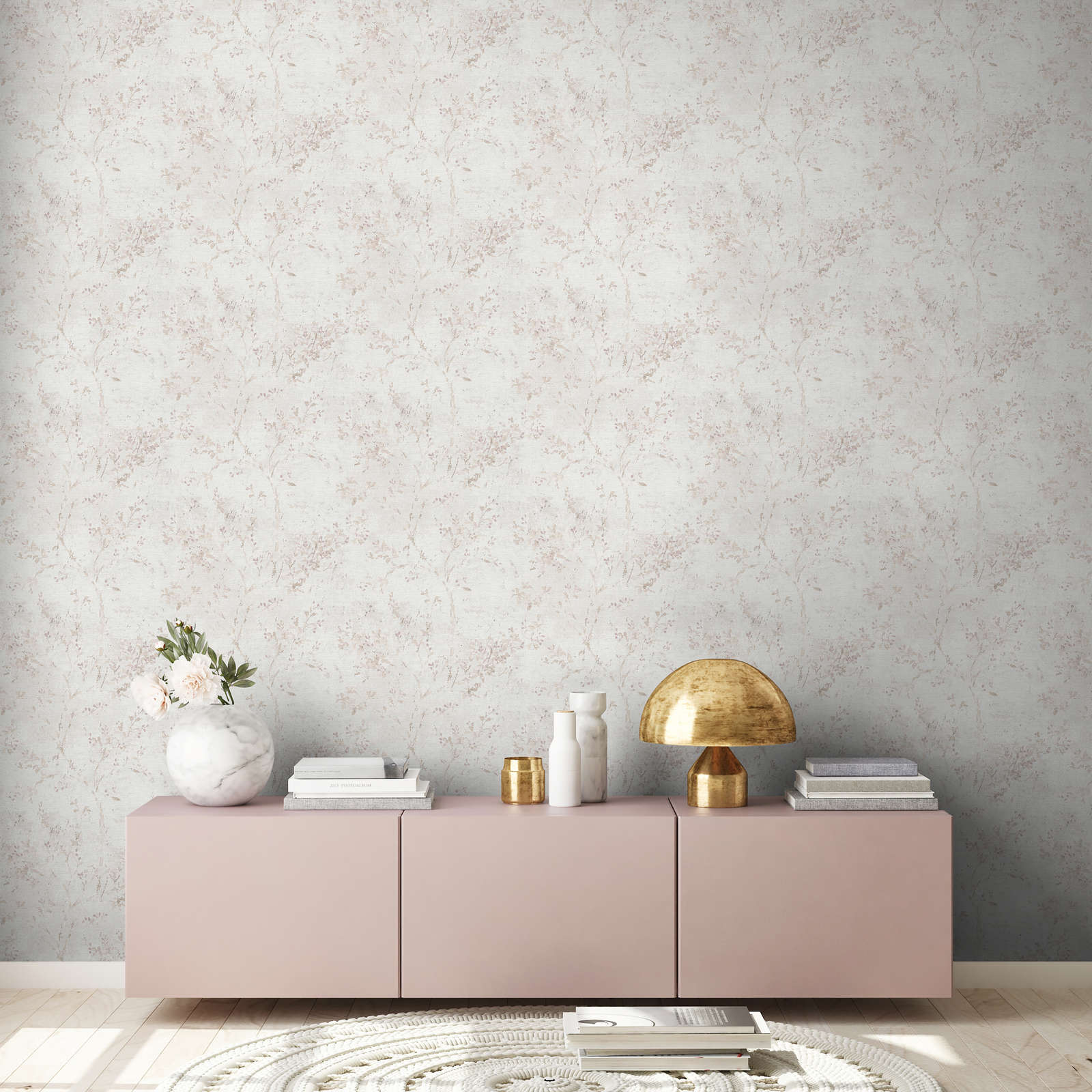             Non-woven wallpaper with a playful floral pattern - grey, beige, purple
        