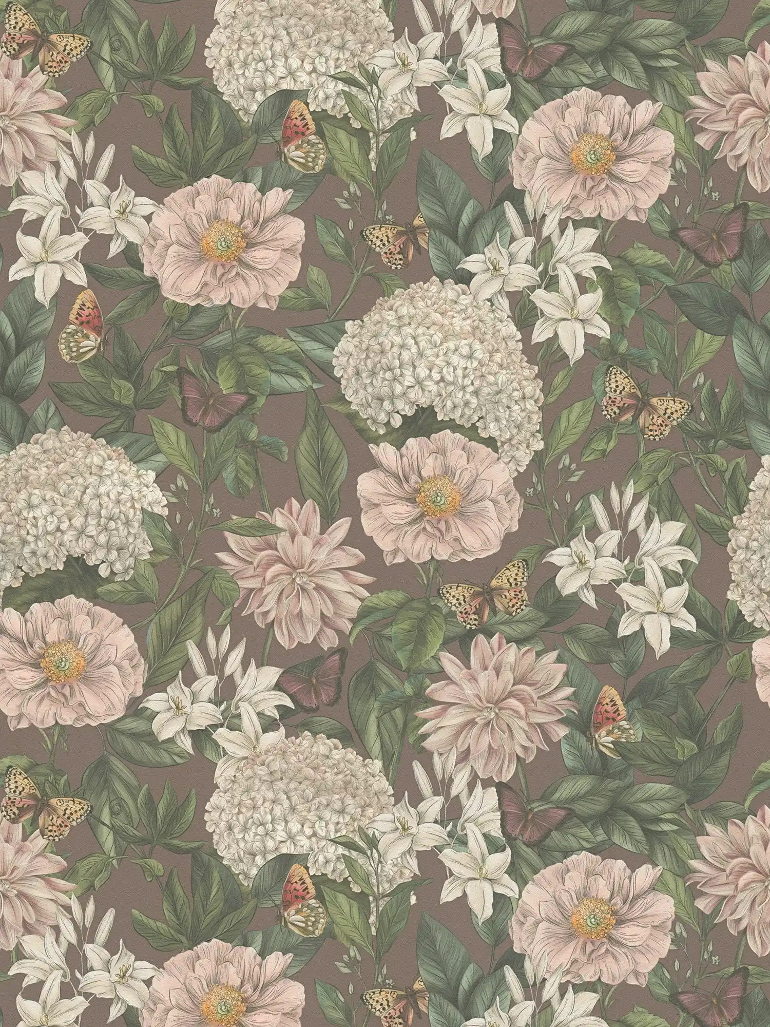 Modern wallpaper floral with flowers & butterflies textured matt - bordeaux, pink, dark green
