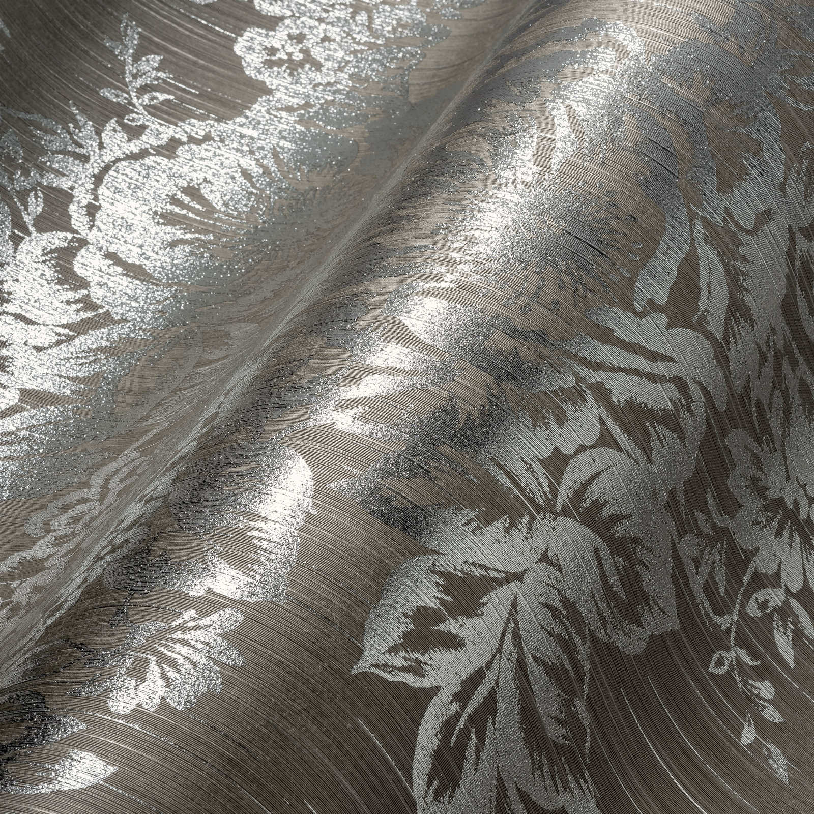             Textured wallpaper with silver floral pattern - silver, brown
        