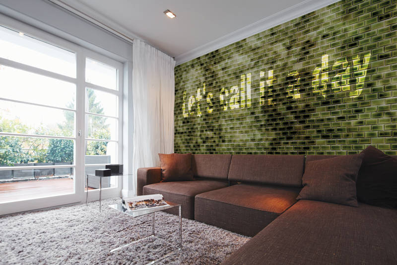             Photo wallpaper brick look with slogan, young & modern - green, black, yellow
        