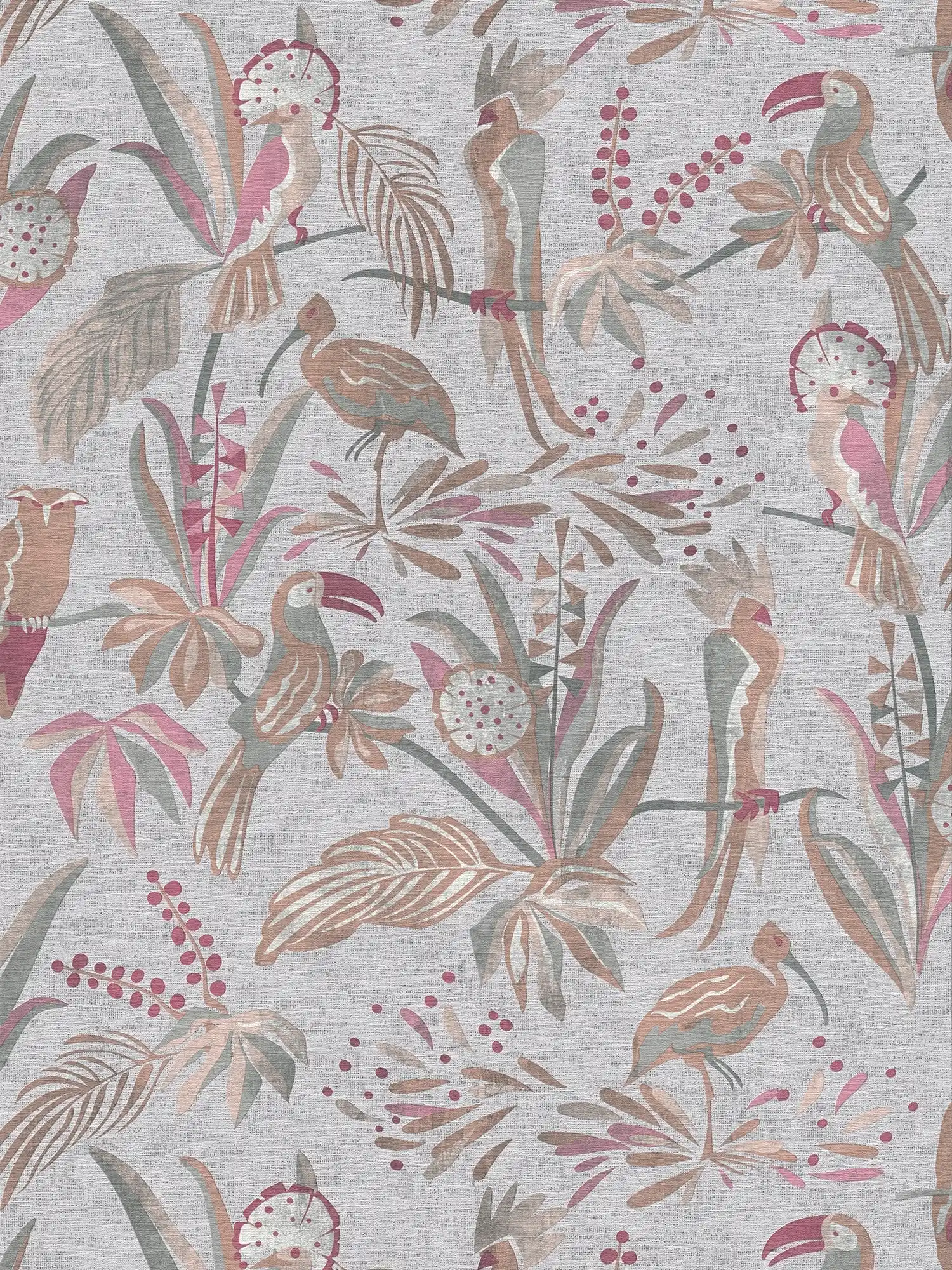 Papier peint avec plantes tropicales & oiseaux aspect lin - gris, marron, rouge
