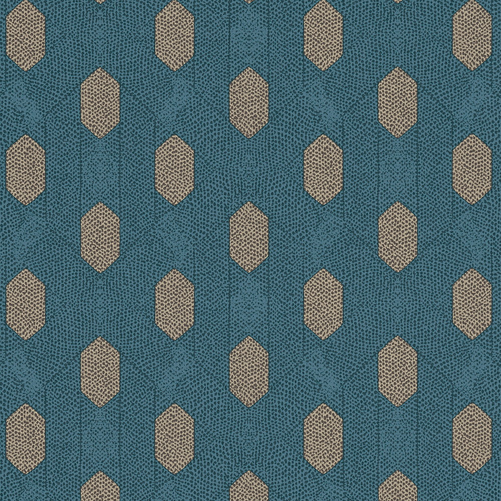             Blue wallpaper with geometric pattern & gold details - blue, brown, beige
        