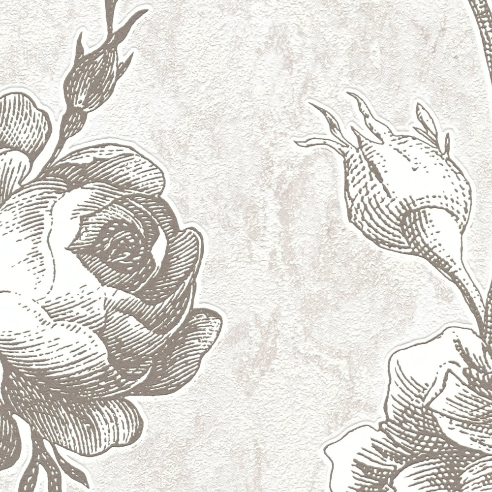             behang roos patroon in vintage teken stijl - grijs, crème
        