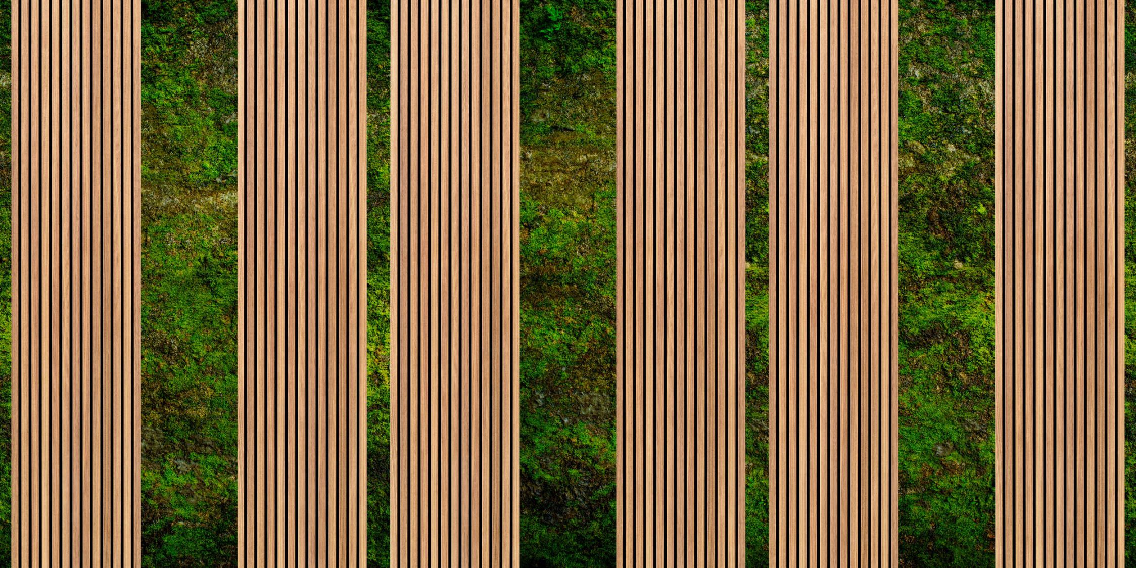             Photo wallpaper »panel 1« - Narrow wood panels & moss - Smooth, slightly pearlescent non-woven fabric
        