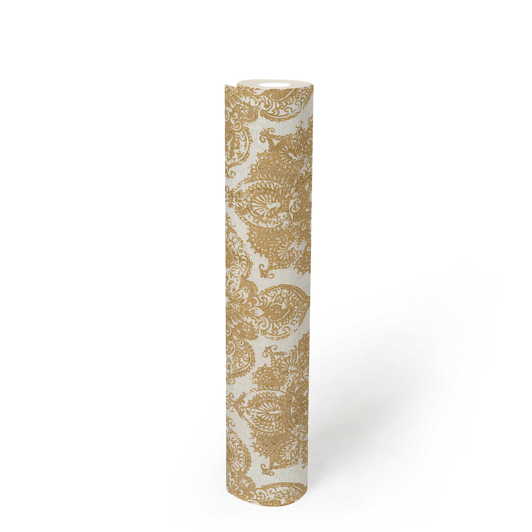            Papier peint style boho, ornement floral, aspect usé - or, blanc
        