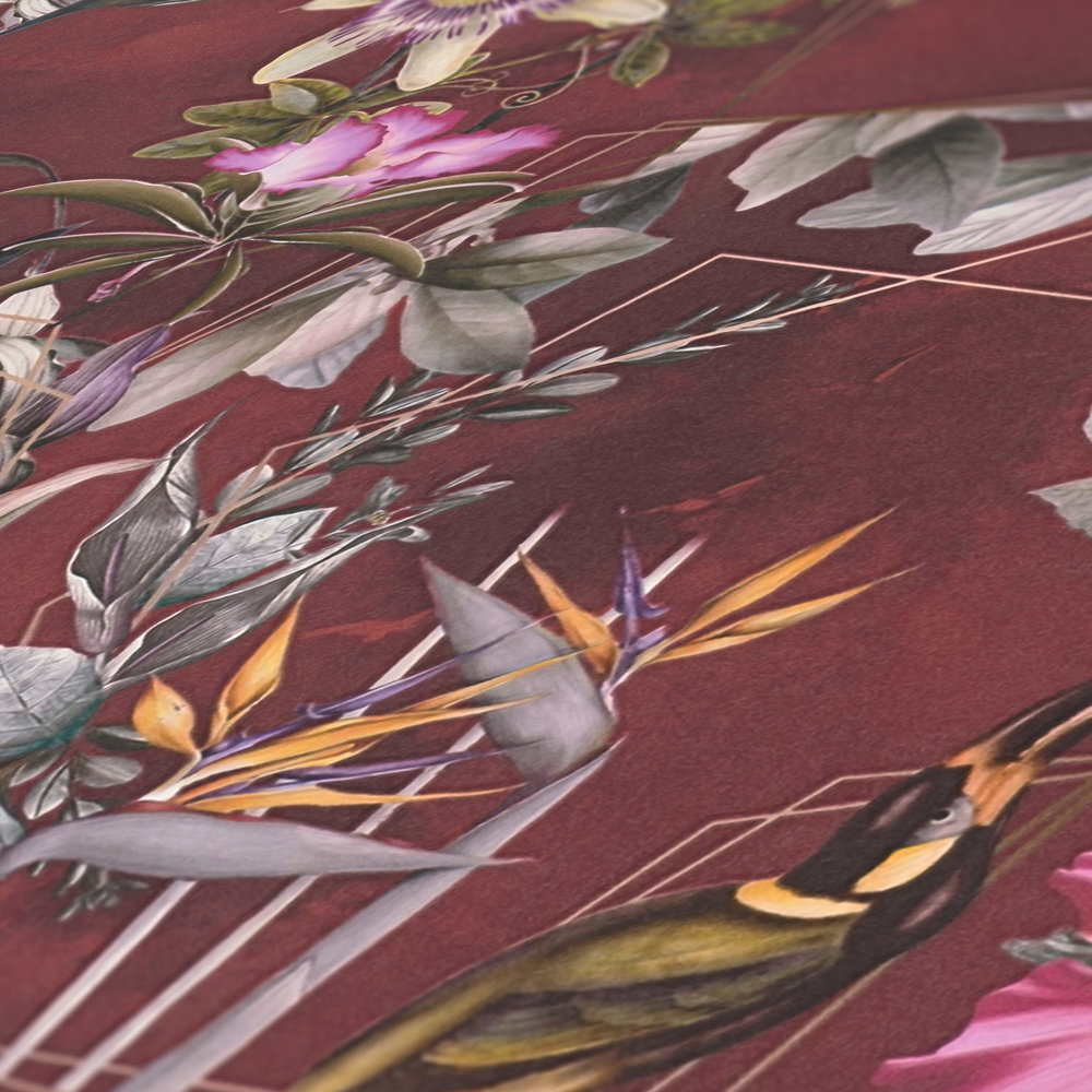             Papier peint fleuri Hibiscus & oiseaux style hawaïen - rouge, marron, vert
        