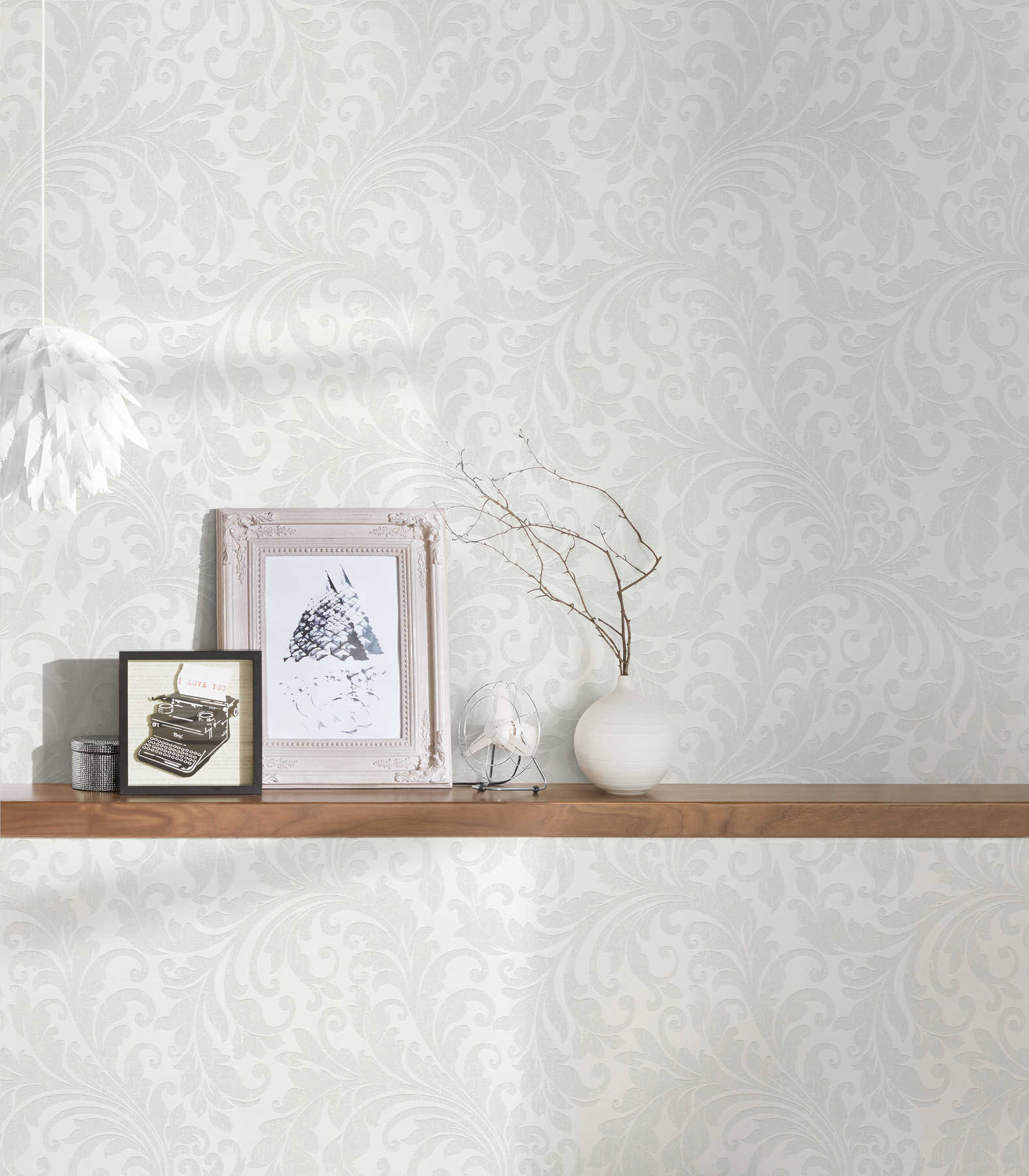            Tone on tone pattern wallpaper floral ornaments - grey, white
        