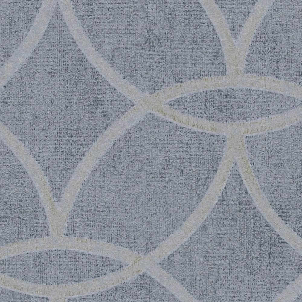             Gedessineerd vliesbehang met geometrisch design & glanseffect - blauw, grijs
        