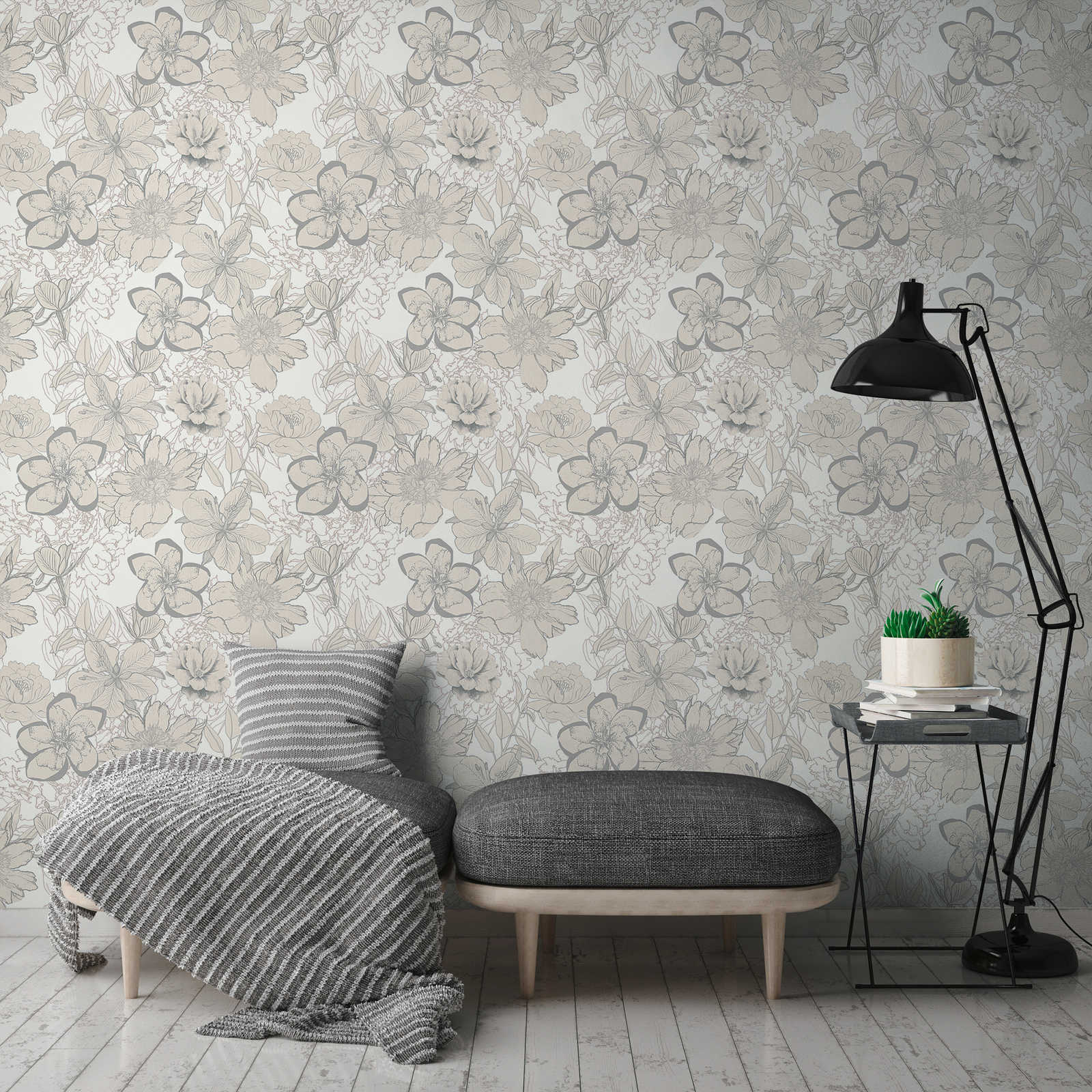             Floral wallpaper with flowers sketches & metallic colour - cream
        