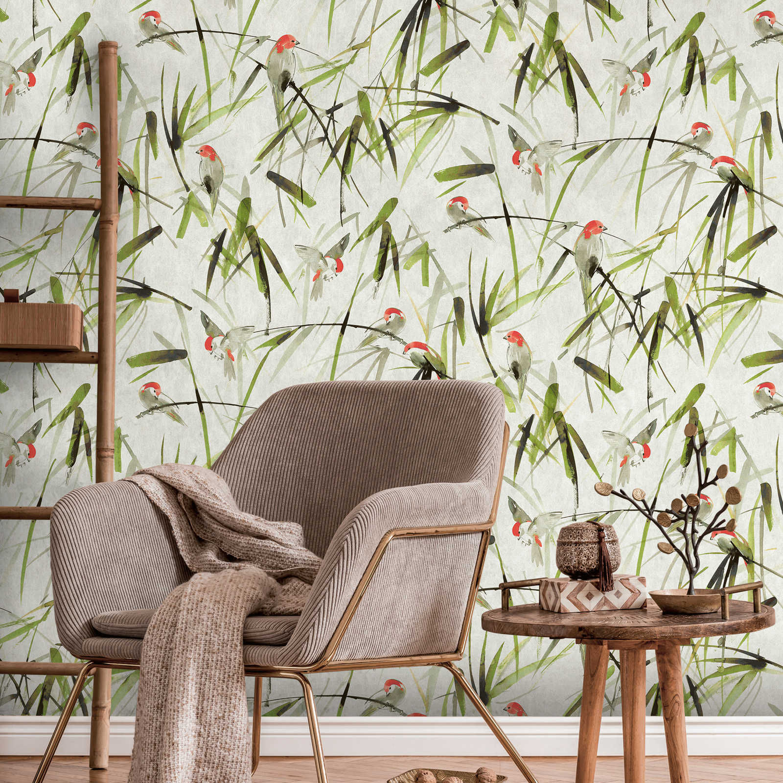 Non-woven wallpaper leaves with birds on a light background - beige, green, black
