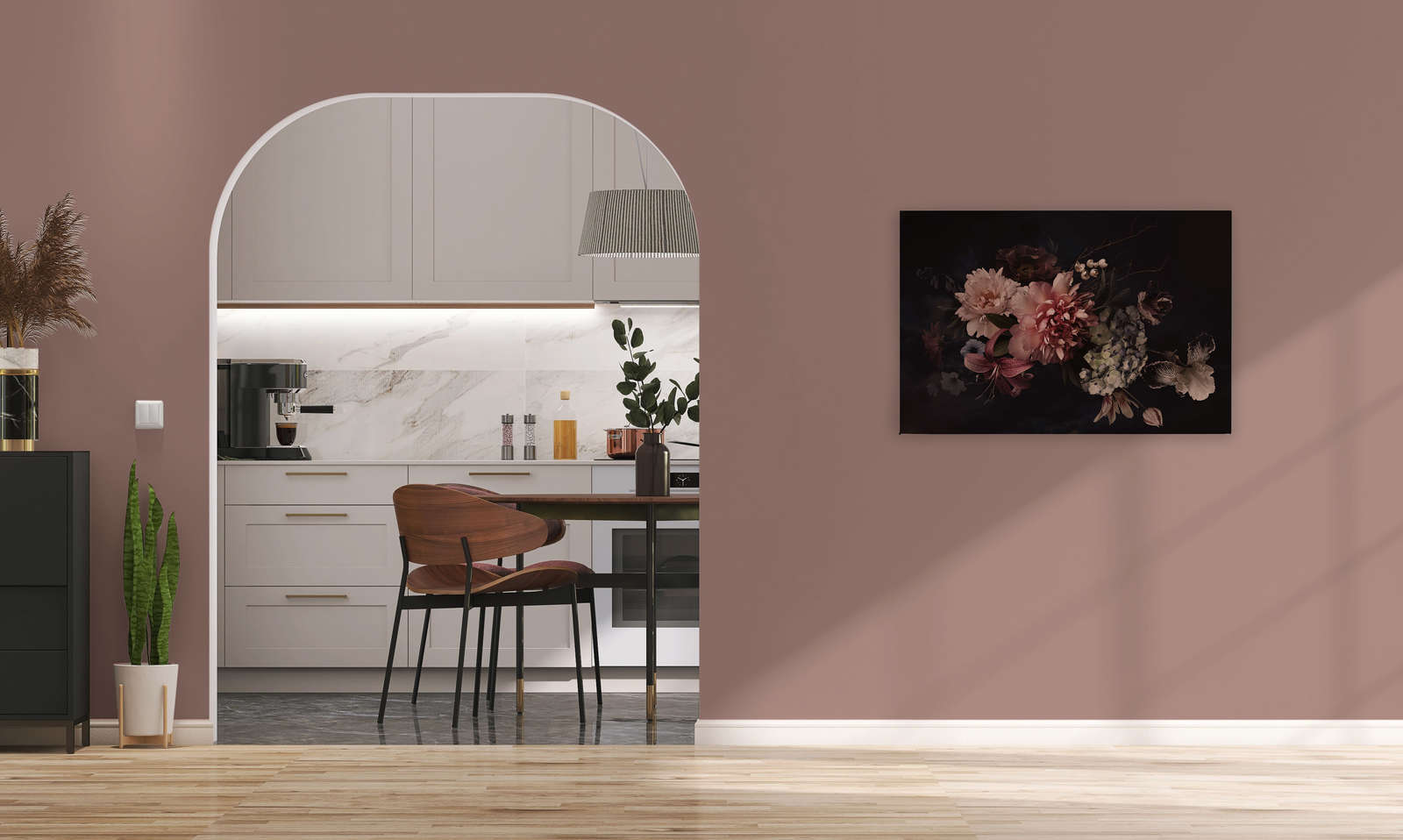             Canvas met boeket in botanische stijl | roze, zwart - 0,90 m x 0,60 m
        