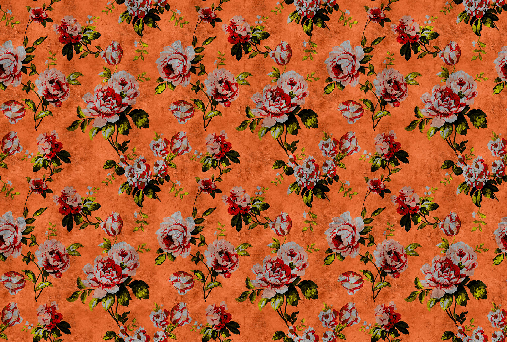             Wild roses 2 - Carta da parati con struttura graffiata in stile retrò, arancione - giallo, arancione | vello liscio in madreperla
        